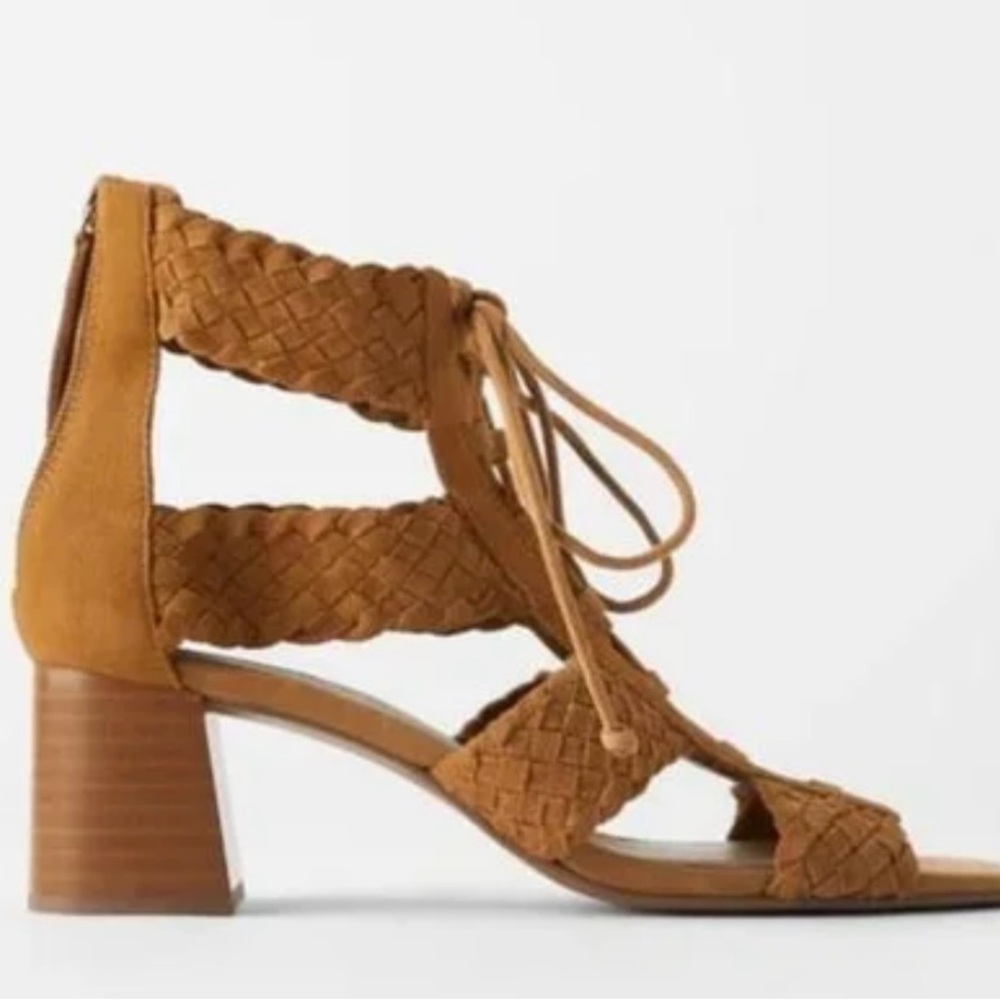 NWT Zara Basic Brown Woven Suede Strap Lace Up Sandals. Size 9